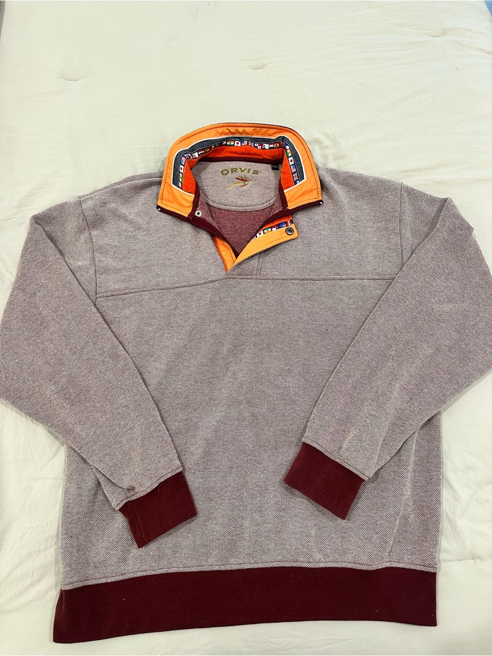 Orvis Men's Heather Gray Pullover Sweatshirt with Orange and Burgundy Trim